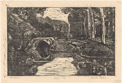 Ormandaki bir kanal üzerinde köprü by Emilius Wilhelmus Dehé (signed by artist)