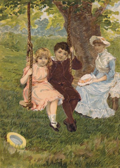 Salıncakta oturan kız ve erkek çocuk (kromolito) by Emily Jane Harding Andrews