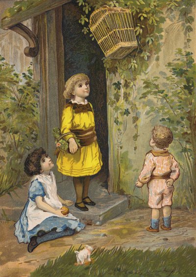 Asılı bir sepete hayranlıkla bakan çocuklar (chromolitho) by Emily Jane Harding Andrews