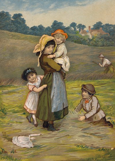 Çocuklar anneleriyle birlikte hasatta (kromolito) by Emily Jane Harding Andrews