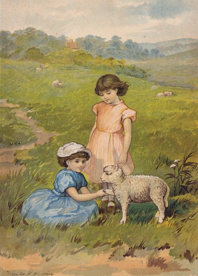 Bir kuzuyu okşayan iki kız (kromolito) by Emily Jane Harding Andrews