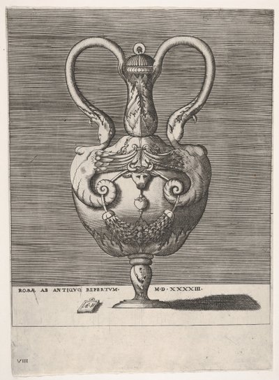 Hibrit Dişi Sph..., 1543 veya sonrası Başlarından çıkan İki Kulplu Antik Kapaklı Vazo. by Enea Vico