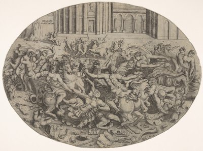 Mimari pasajların önünde Amazonlar ve erkekler arasındaki savaş, oval bir kompozisyon..., 1543. by Enea Vico