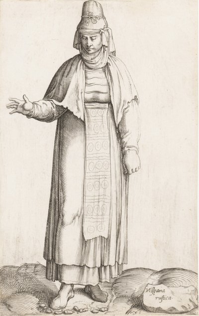 Kostüm Plakası: Kaya üzerinde etiketli Hispana Rustica, yakl. 1557-58. by Enea Vico