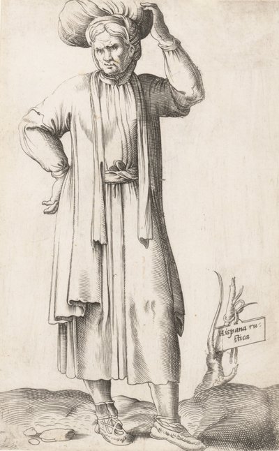 Kostüm Plakası: Kafasında çamaşır olan Hispania Rustica, yakl. 1557-58. by Enea Vico