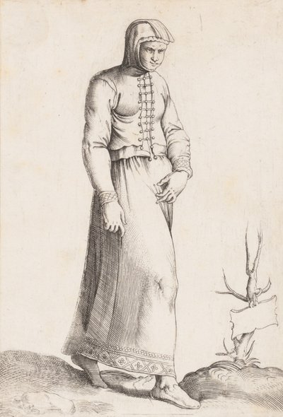Kostüm Plakası: Kapşonlu Giysili Kadın, yakl. 1557-58. by Enea Vico