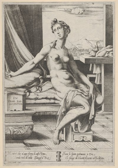 Lucretia çıplak ve bir pencerenin önünde oturmuş, sağ elinde bir hançer ve d..., yakl. 1535-67. by Enea Vico