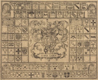Henry VII, Henry VIII, Edward VI ve Mary'nin Köşe Portreleri ile Arma by English 16th Century