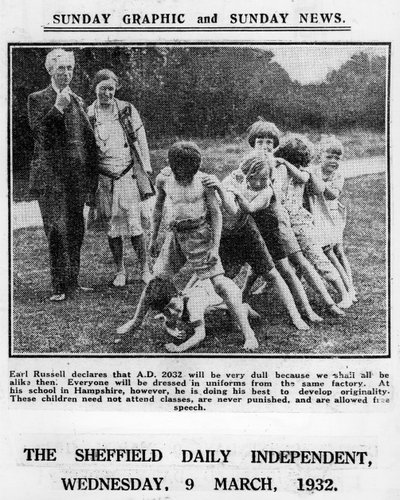 Bertrand Russell and his wife Dora Black with pupils from their Beacon Hill School, 1932  by English Photographer