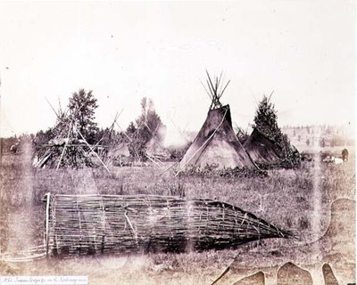 Kırk Dokuzuncu Paralelde Kraliyet Mühendisleri tarafından fotoğraflanan Kootenay Nehri üzerindeki Hint Locaları (sepya fotoğrafı) by English Photographer