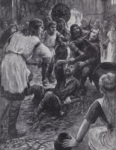 Pucklechurch, Gloucestershire, 946'da Aziz Augustine Günü Ayini'ne katılırken Kral I. Edmund'un öldürülmesi (litho) by English Photographer