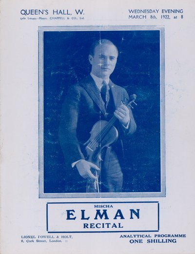 Mischa Elman Resital Programı, Queens Hall, 8 Mart 1922 by English Photographer