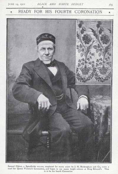 Kraliçe Victoria'nın taç giyme töreni için bir eşarp dokuyan Spitalfields, Londra'dan dokumacı Samuel Oldart (s/b fotoğraf) by English Photographer