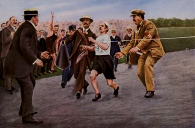 Dehidrasyon ve bitkinlikten muzdarip. İtalyan atlet Dorando Pietri, 1908 Londra Olimpiyat Oyunlarında maratonu kazanması için bitiş çizgisini geçmesine yardım edildi by English Photographer
