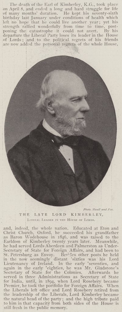 Merhum Lord Kimberley, Lordlar Kamarası