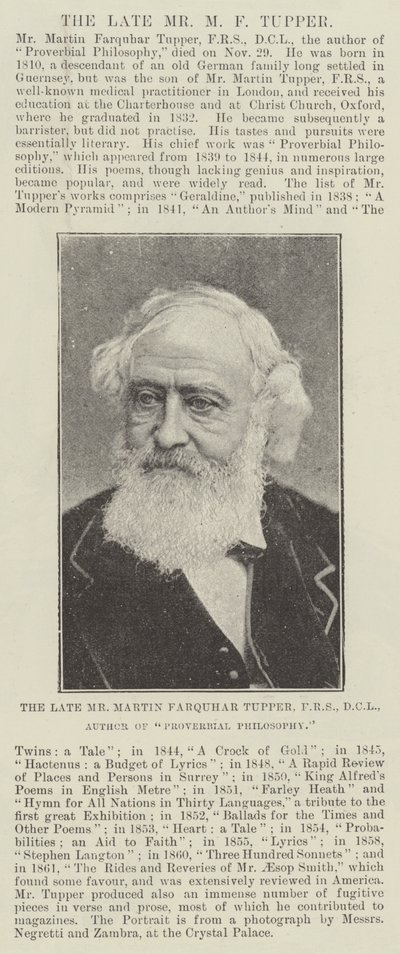 Merhum Bay Martin Farquhar Tupper, FRS, DCL, Atasözü Felsefesi Yazarı by English Photographer