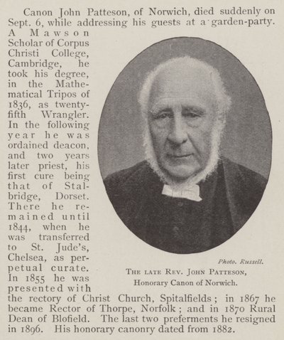 Merhum Rahip John Patteson, Norwich Onursal Kanonu by English Photographer