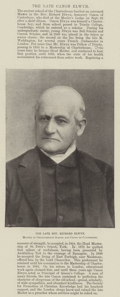 Rahmetli Muhterem Richard Elwyn, Charterhouse Okulu Ustası ve Canterbury Canon