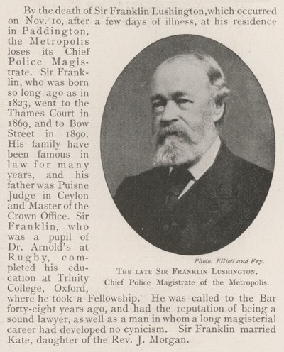 Merhum Sir Franklin Lushington, Metropolis Baş Polis Hakimi by English Photographer