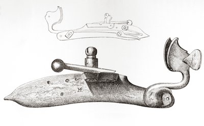 17. yüzyıl Çiftelisi. Elde tutulan bir ateşli silahı ateşlemek için kullanılan mekanizma veya kilit, The British Army: Its Origins, Progress and Equipment, 1868'de yayınlandı. by English School