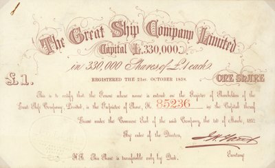 The Great Ship Company Limited tarafından verilen 1 sterlinlik hisse senedi by English School