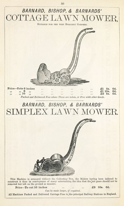 Bir Kulübe ve Simplex çim biçme makinesi, bir bahçe kataloğundan örnek, Barnard Bishop & Barnard tarafından yayınlandı, 1878 by English School