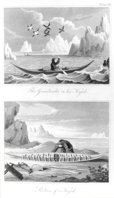 Bir Grönlandlı ve kayık, Grönland Tarihinden David Crantz, 1820 by English School