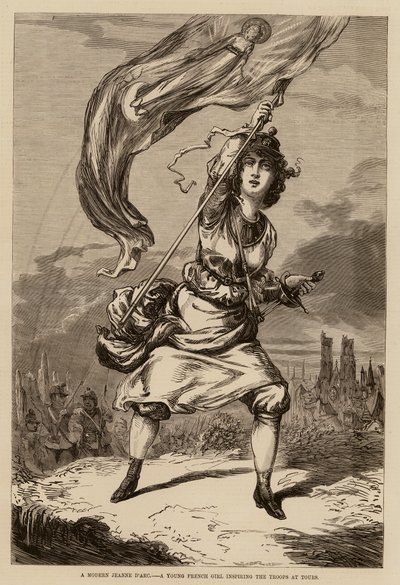Modern bir Jeanne D#39;arc, Tours#39;daki birliklere ilham veren genç bir Fransız kızı (gravür) by English School