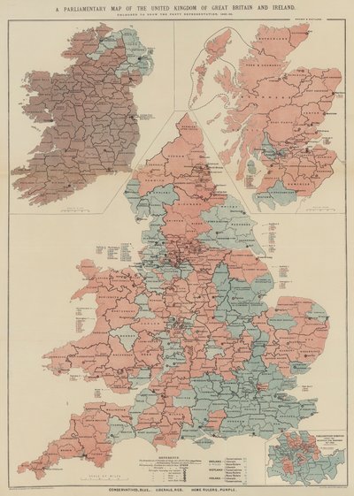 Büyük Britanya ve İrlanda Birleşik Krallığı Parlamento Haritası (renkli taş) by English School