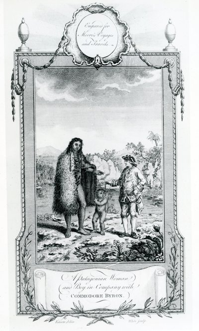 Amiral Byron ile Birlikte Patagonyalı Bir Kadın ve Oğlan, resim Moores Voyages and Travels, 1778