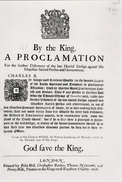 Majesteleri Kutsal Kişiye ve Hükümete Karşı Son Zamanların Korkunç Tasarımının Daha Fazla Keşfine İlişkin Kralın Bildirisi, 27 Kasım 1678 by English School