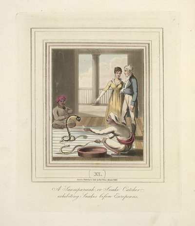 Avrupalılardan önce yılanları sergileyen bir Saumpareeah veya Snake Catcher, c.1824 (renkli taş) by English School