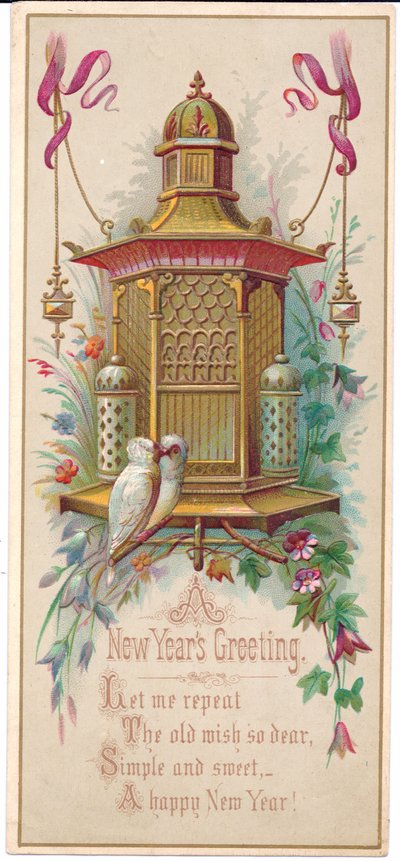 Bir çift muhabbet kuşuyla süslü bir kuş kafesini betimleyen Viktorya dönemine ait bir Noel kartı, 1880 dolayları by English School
