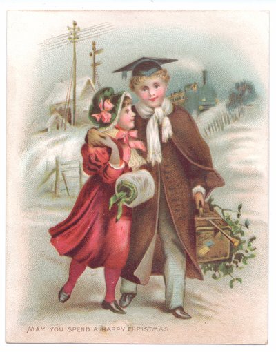 Kolunu karda yürüyen bir kıza dolamış havan tahtası giyen bir çocuğun Viktorya dönemine ait bir Noel kartı, 1880 dolayları (renkli taş) by English School