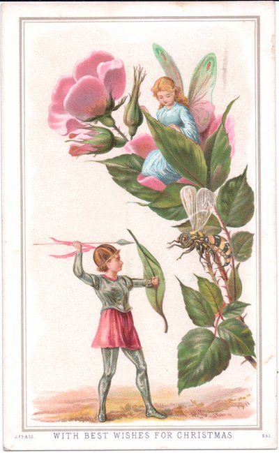 Bir gülün üzerinde oturan bir peri ve bir yaban arısına mızrak atan başka bir periden oluşan Viktorya dönemine ait bir Noel kartı, 1880 dolayları by English School