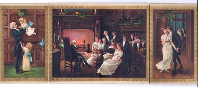 Bir baba ve çocukları, bir aile grubuna hikaye anlatan bir baba ve ökse otu altında bir bayanı öpmeye çalışan bir beyefendinin Viktorya dönemine ait bir Noel kartı, 1880 dolayları by English School