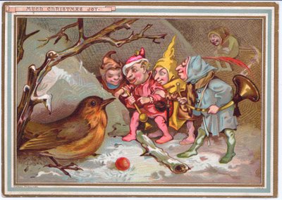 Müzik aletleri taşıyan ve şaşkın bir ardıç kuşuna bakan bir elf partisinin Viktorya dönemine ait bir Noel kartı, 1880 dolayları by English School