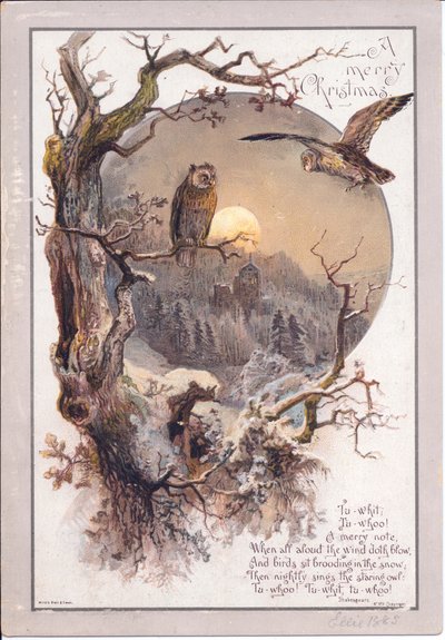 Ay ışığının aydınlattığı bir gecede bir dala tünemiş bir baykuşun Viktorya dönemine ait Noel kartı, 1880 dolayları (renkli taş) by English School