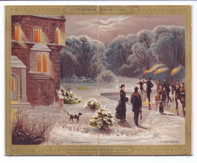 İzleyiciler ve bir köpekle bir konağın önündeki donmuş bir gölde paten yapan meşalelerle patencilerin Viktorya dönemine ait bir Noel kartı, c.1880 by English School