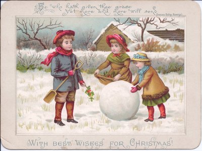 Büyük bir kartopu ile oynayan üç çocuğun resmedildiği Viktorya dönemi Noel kartı, 1880 civarı (renkli taş baskı) by English School