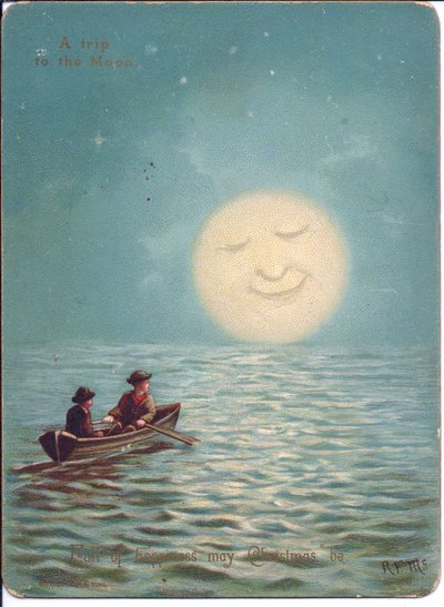 Mehtaplı bir gecede kayıkta iki erkek çocuğun Viktorya dönemine ait bir Noel kartı, 1880 dolayları (renkli taş) by English School