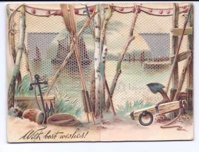 Bir tül perdeden görülen yelkenli gemilerin Viktorya dönemine ait bir tebrik kartı, 1880 dolayları by English School