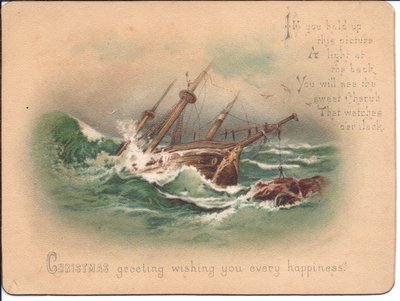 Dalgalı denizlerde bir geminin Viktorya dönemine ait, ışığa tutulmuş bir Noel Kartı. Kart bir ışık kaynağının önünde tutulduğunda, 1898 dolaylarında bir koruyucu melek belirir. by English School