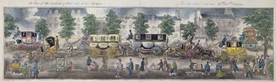 Yeni arabalarla Paris Bulvarlarından bir görünüm, 1828 (renkli gravür) by English School