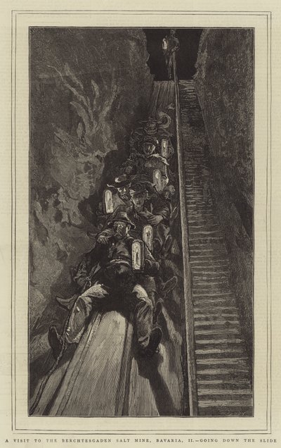 Berchtesgaden Tuz Madeni Ziyareti, Bavyera, II, Kaydıraktan aşağı inerken (gravür) by English School
