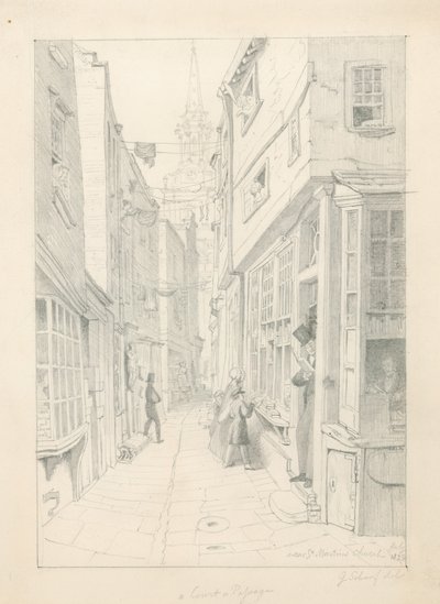 St Martins Kilisesi yakınında bir mahkeme veya geçit, Londra, Temmuz 1828 by English School