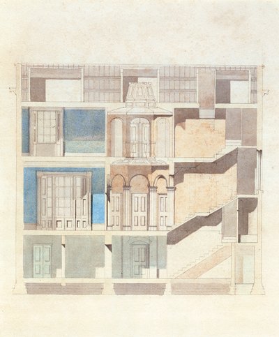 Klasik bir şehir evi iç mekanı için bir kesit tasarımı, c.1840 (kalem ve mürekkepli wc) by English School