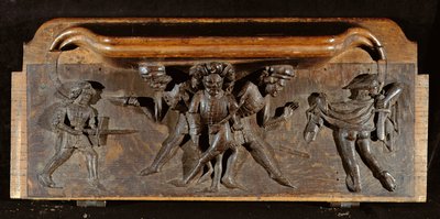 Hançerler ve kılıçlarla savaşan üç adamı betimleyen hasarlı bir misericord, New College Chapel, Oxford, 14. yüzyılın sonları (ahşap) by English School