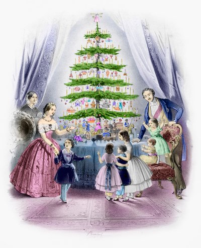 Bir Noel ağacının etrafında duran bir aile (renkli gravür) by English School