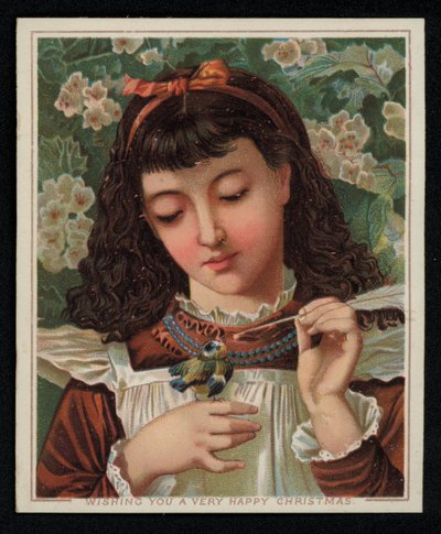 Mavi baştankara besleyen bir kız, Noel tebrik kartı. (kromolito) by English School